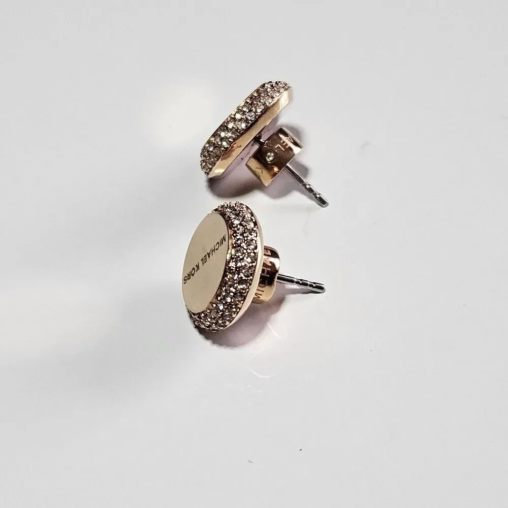 Michael Kors Rose Gold Round Earrings With Clear Crystal Stone Accents